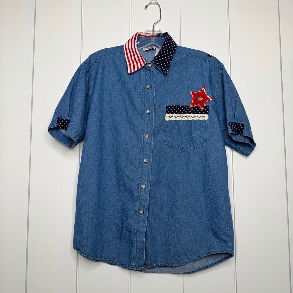 PTNY Americana Chambray Button Up Shirt Cotton Short Sleeve SM